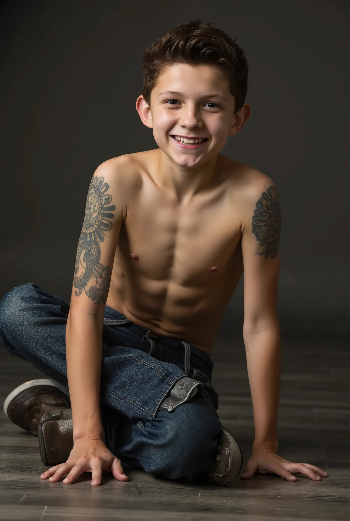 (((SPIKED HAIR, TATOO))), , boy on FLOOR, FULL BODY, (((CAMERA VIEW FROM FAR))), , , YOUNG BOY, , , ,, soft front right and left studio lighting, bright photo, ultra sharp focus, highly detailed, intricate detailed,,
