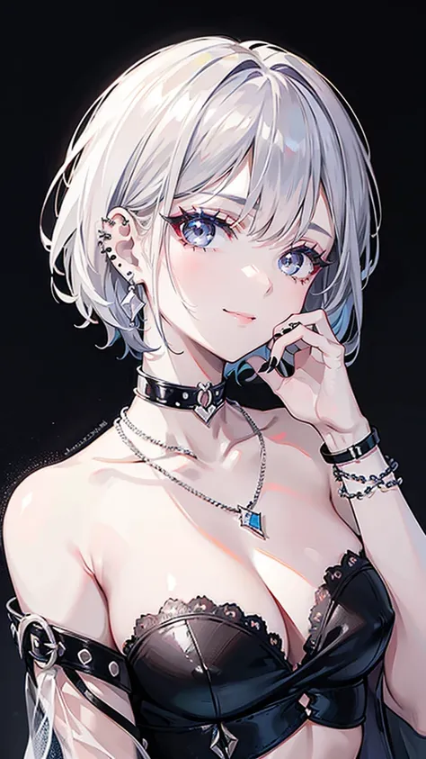 pilyeon, solo, 1 young girl, black nails, jewelry, short hair, looking at viewer, choker, necklace, hand on own face, piercing, white background, heart, closed mouth, grey eyes, nail polish, simple background, grey hair, ear piercing, black choker, smile, ...