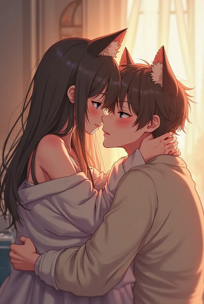 An anime neko girl with long brown hair, blue eyes, wearing an oversized sweater, laying on the chest of a man, kissing him in a loving and careful manner