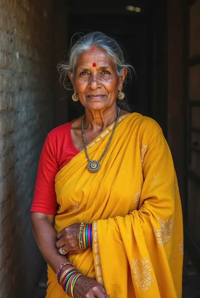 Realistic photo A woman in her 50 years Tamil women wearing a yellow saree, a red blouse, and bangles, stands looking at the camera.