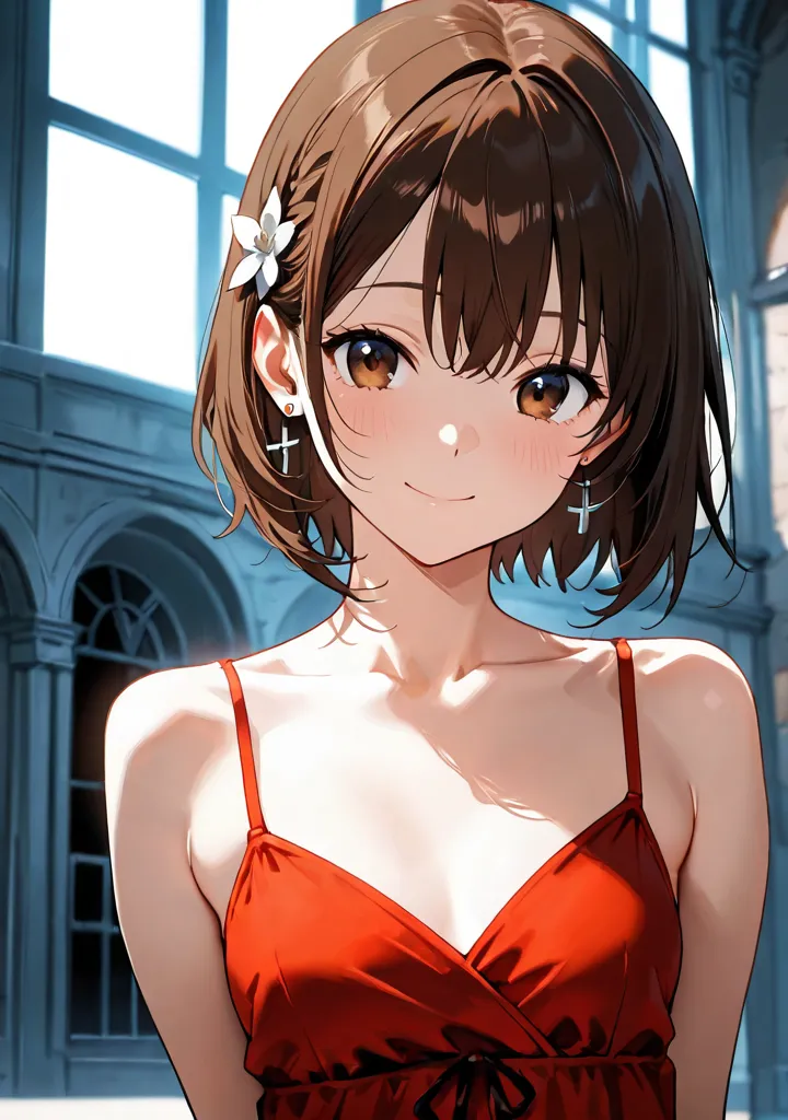 ( masterpiece), top quality , natural light, , Diffuse Light, alone,  Beautiful Anime  、 Beautiful Artistic Style , 赤い頬、( beautiful eyes), brown eyes, brown hair, hair accessory、hair bite, short hair、（Ninja、Red costume、Mansion ）, ( small tits 、 Valley)、, c...