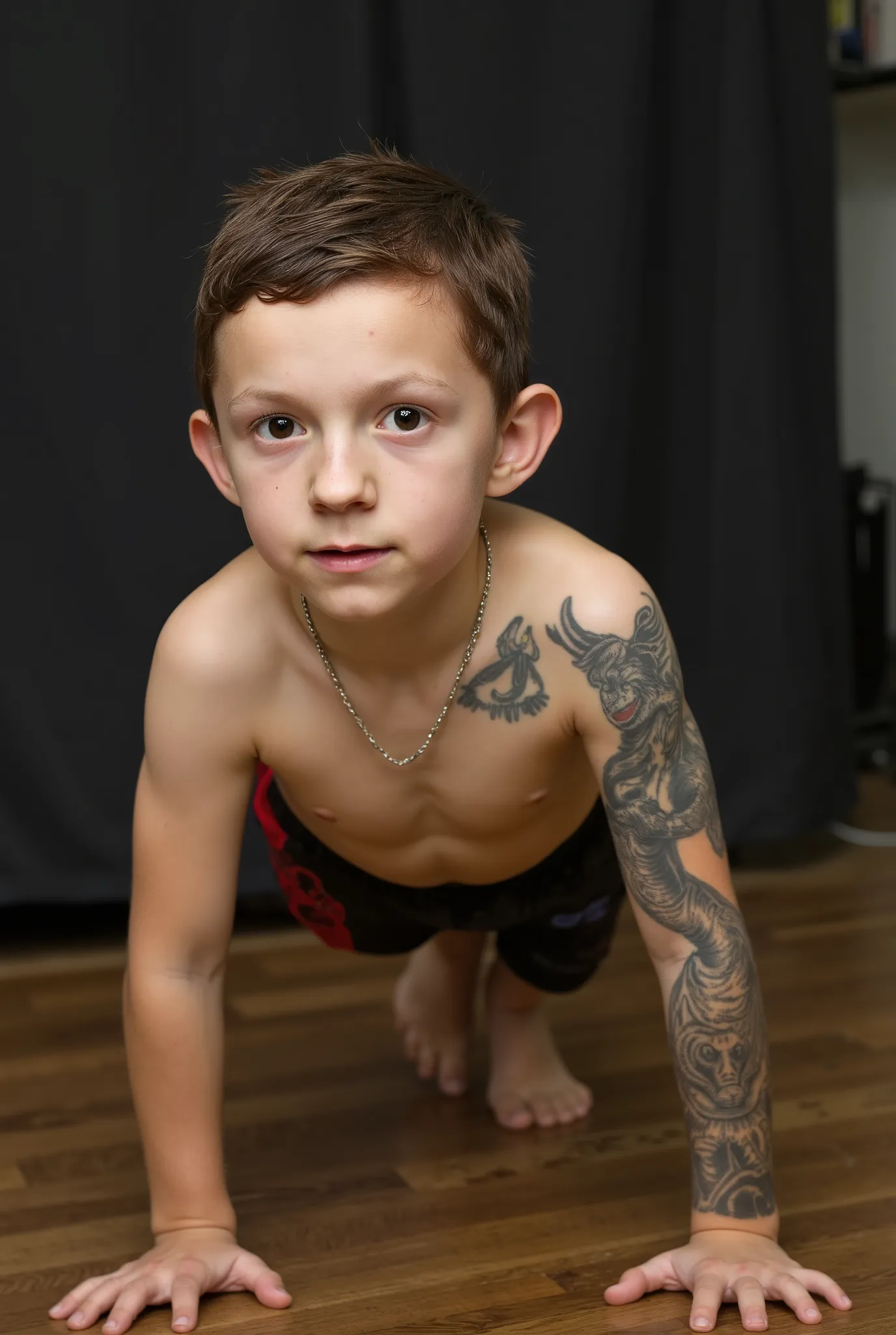 (((SPIKED HAIR, TATOO))), , boy on FLOOR, FULL BODY, (((CAMERA VIEW FROM FAR))), , , YOUNG BOY, , , ,, soft front right and left studio lighting, bright photo, ultra sharp focus, highly detailed, intricate detailed,,
