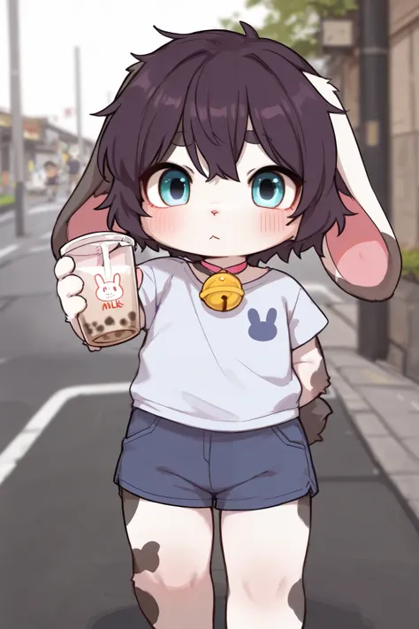 Ram rabbit,Droopy ears,furry girl, Toddler,dark hair,bell,Short sleeve, shorts,street,milk tea