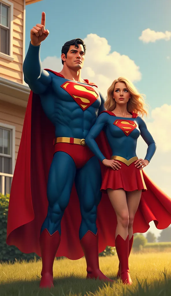 Superman next to Supergirl, Superman pointing his finger forward and looking forward, Right behind is a house and it's a sunny day