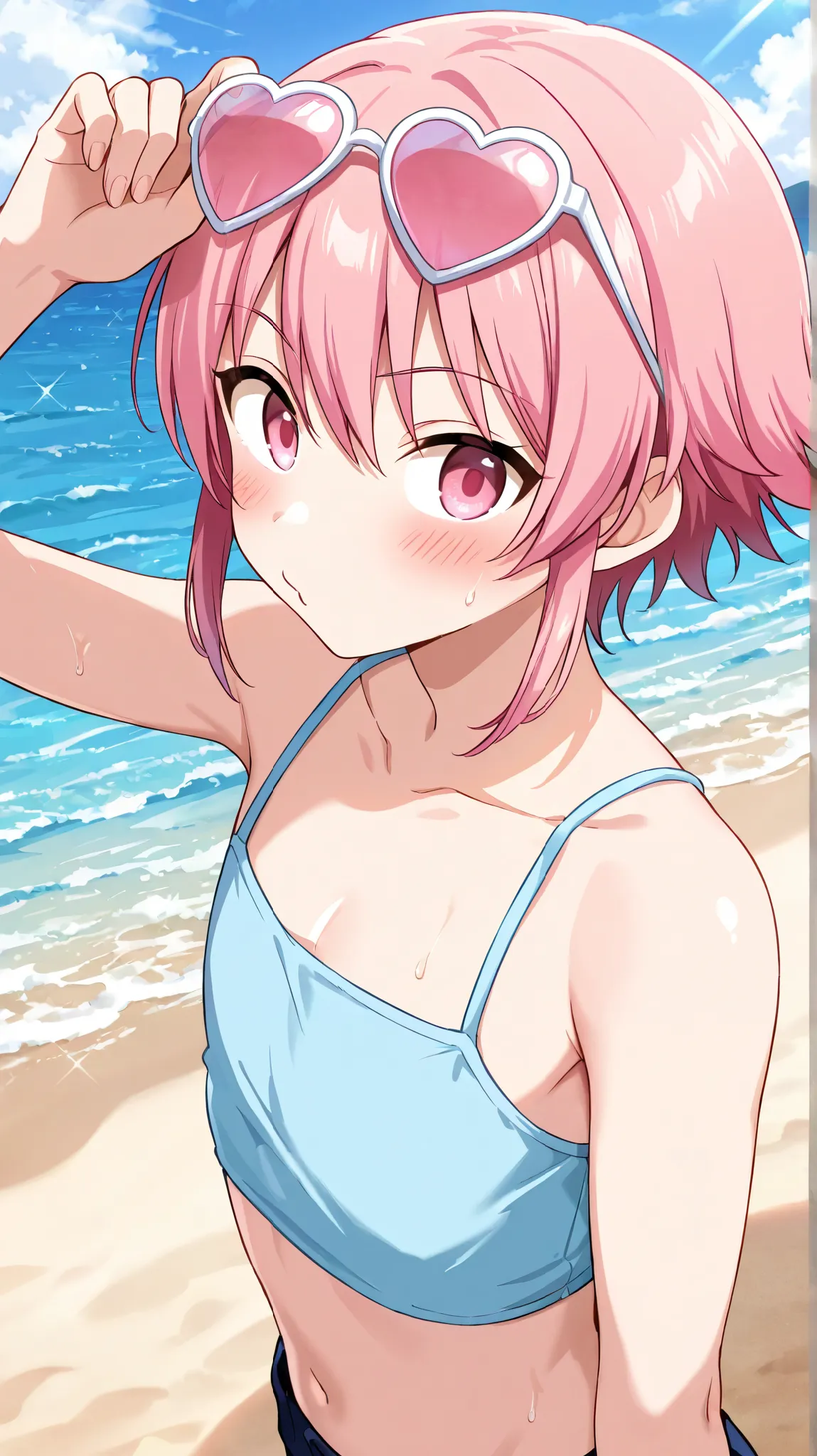 1boy, femboy, short hair, sidelocks, pink hair, pink eyes, beach, cropped tank top, heart sunglasses