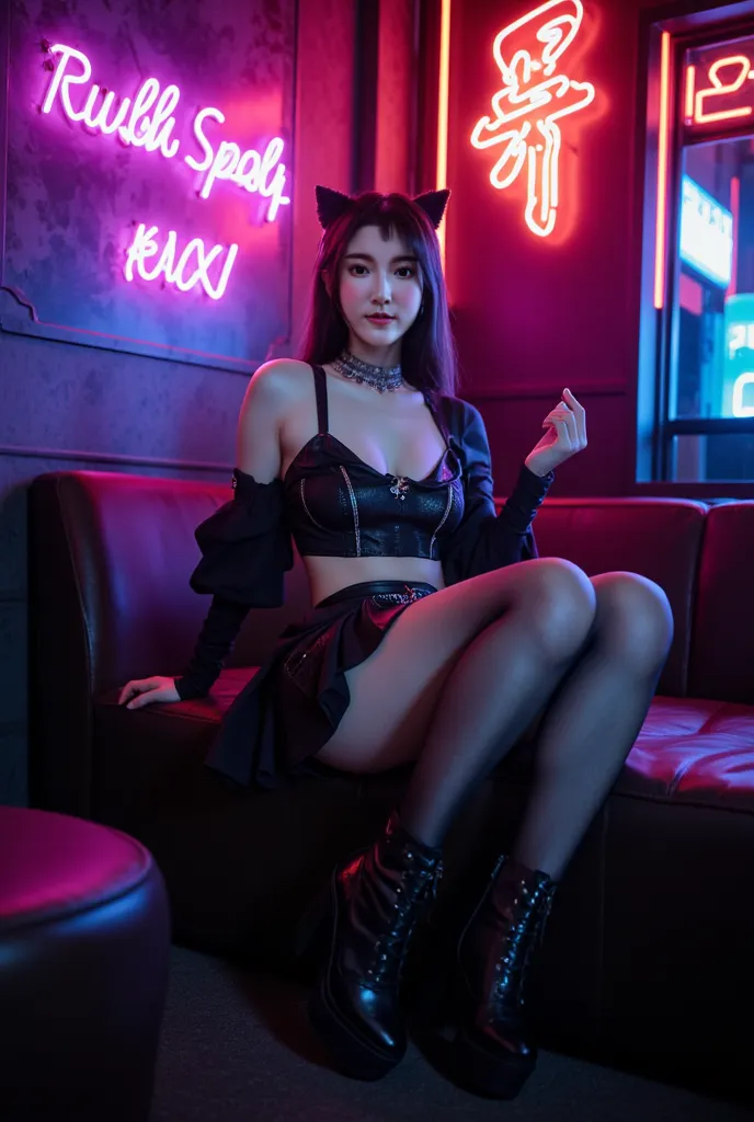 araffe sitting on a couch in a room with a neon sign, korean girl, gorgeous young korean woman, gorgeous chinese model, high boots, thighhighs and skirt, full body xianxia, attractive pose, very sexy outfit, sexy pose, asian girl, beautiful asian girl, thi...