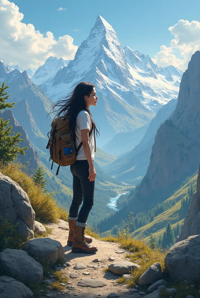 A girl trekking a mountain. Pose on back side. A girl wearing a white top , black pant, black hair, bags in girlish bag