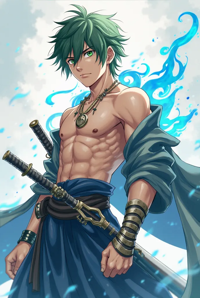 Shirtless anime boy looks strong, a Samirai skirt, a serene look and a serious face on his torso, a sword in his cover and marks in the shape of a ring cover his wrist, some sparkles in bright blue appear from his back and that he has green eyes, a mark in...