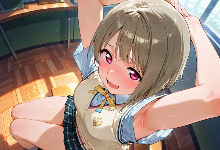 nakasu kasumi, asymmetrical hair, short hair, small breasts, single sidelock,
short sleeves, sweater vest, summer uniform, nijigasaki academy school_uniform,
,BREAK, armpit, arms over head, focus on armpit,
smile, ,scorn,open mouth, (cheerful),looking dow...