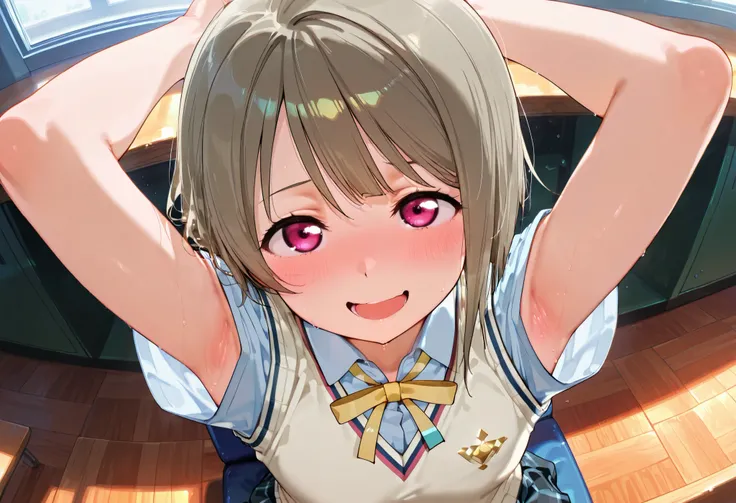 nakasu kasumi, asymmetrical hair, short hair, small breasts, single sidelock,
short sleeves, sweater vest, summer uniform, nijigasaki academy school_uniform,
,BREAK, armpit, arms over head, focus on armpit,
smile, ,scorn,open mouth, (cheerful),looking dow...