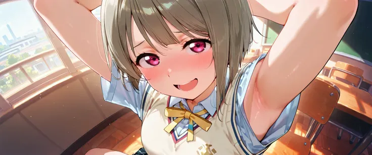 nakasu kasumi, asymmetrical hair, short hair, small breasts, single sidelock,
short sleeves, sweater vest, summer uniform, nijigasaki academy school_uniform,
,BREAK, armpit, arms over head, focus on armpit,
smile, ,scorn,open mouth, (cheerful),looking dow...