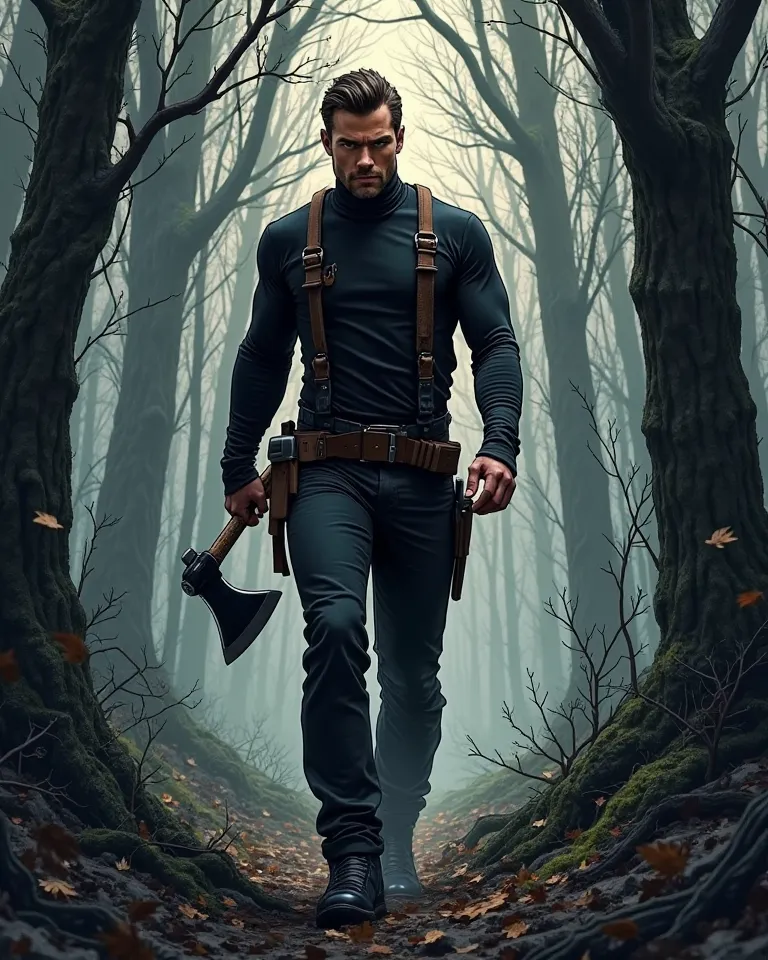 Handsome man in a black turtleneck, in black trousers, in a chest holster,  with an ax in his hands. He walks in the middle of the dark forest, closely following the environment.
 line art 