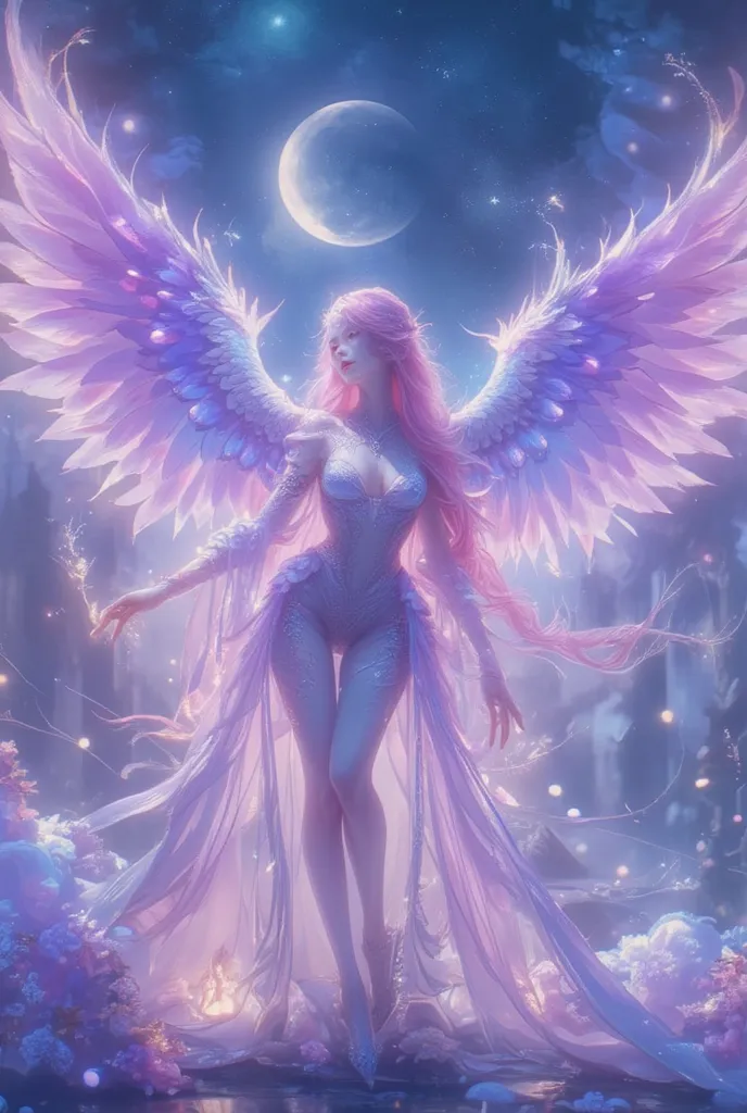 *"A stunning fantasy-style female character with delicate, thin lips and enchanting pink hair that cascades in soft waves. Her large, expressive eyes shimmer with a mysterious glow, reflecting her ethereal nature. She stands gracefully with an otherworldly...