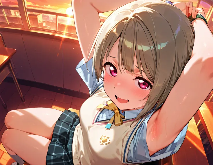 nakasu kasumi, asymmetrical hair, short hair, small breasts, single sidelock,
short sleeves, sweater vest, summer uniform, nijigasaki academy school_uniform,
,BREAK, armpit, arms over head, focus on armpit,
smile, ,scorn,open mouth, (cheerful),looking dow...