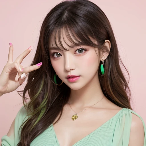 Wavy long hair, Brown Hair,  One girl ,  Emerald Eyes , Shake with two fingers,  pink lips, Pastel Green Dress,