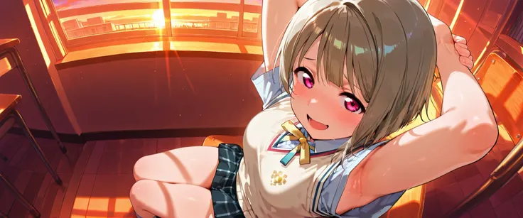 nakasu kasumi, asymmetrical hair, short hair, small breasts, single sidelock,
short sleeves, sweater vest, summer uniform, nijigasaki academy school_uniform,
,BREAK, armpit, arms over head, focus on armpit,
smile, ,scorn,open mouth, (cheerful),looking dow...