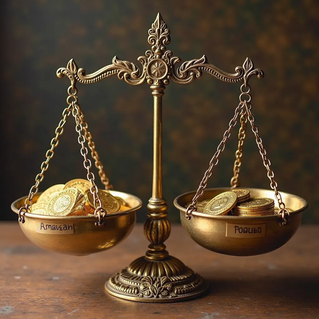 Justice scales, where on one side of the bowl there is a label "Amalan1" containing 4 large gold coins neatly arranged upwards and on the other side, the bowl has the label "Amalan2" containing 6 large gold coins neatly arranged upwards. The scales must be...