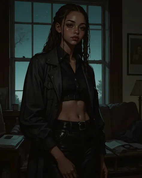 1Girl, (A girl is wearing exposes her flat abdomen, black girl with braided hair and olive eyes, very small bust and a petite body), In the living room of a house, the night is dark. dark cinematic lighting, masterpiece, best quality, digital illustration,...