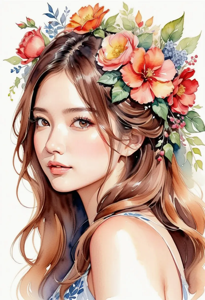  Highly Detailed Watercolor ， depicting a beautiful woman with flowers in her hair