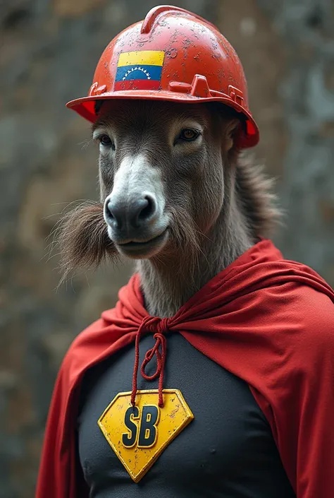 Create a human superhero but with a donkey's face and thick mustaches, whose costume has a red cape and his left fist is made of steel and his emblem waxed in a geometric diamond-like shape that is identified with the letters SB and also wears a red constr...