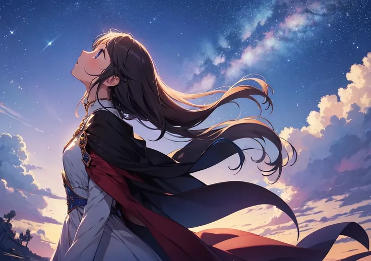 Looking up at the night sky in profile – a free-spirited princess reaching for the stars