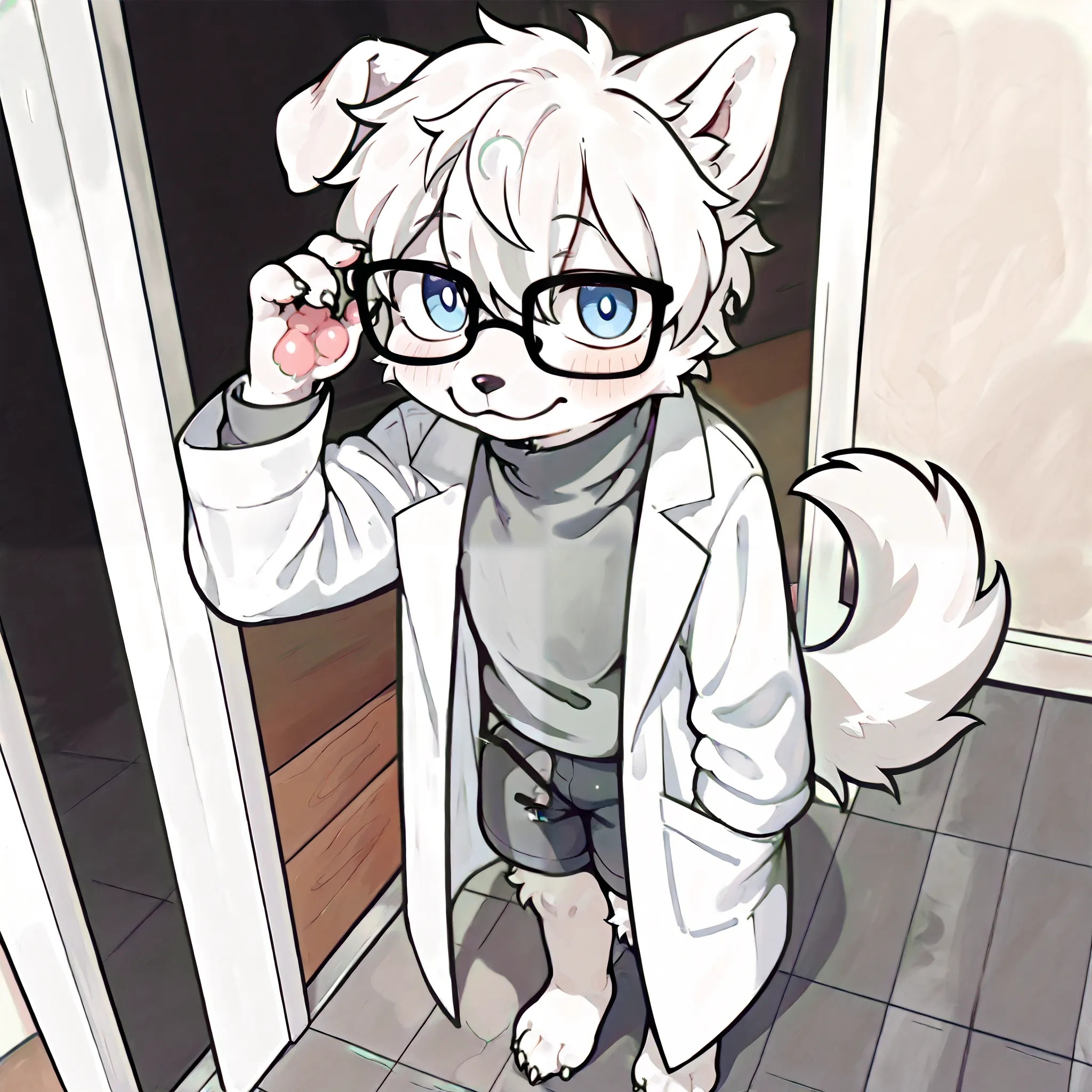 white dog boy,wearing grey POLO NECK inside,wearing long Lab coat out side,wearing black glasses,quite,pure white hair,hairy body,young age,pure white hair,pure white fur,blue eyes,full body,bright colour,cute