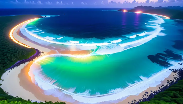 超high image quality,high image quality,high quality,Spectacular views at night,Tropical Beach, light green to bright green ,The ocean breeze is blowing,blue fluorescent beaches expand spectacular ocean views,(There are also dark purple and orange single-lu...
