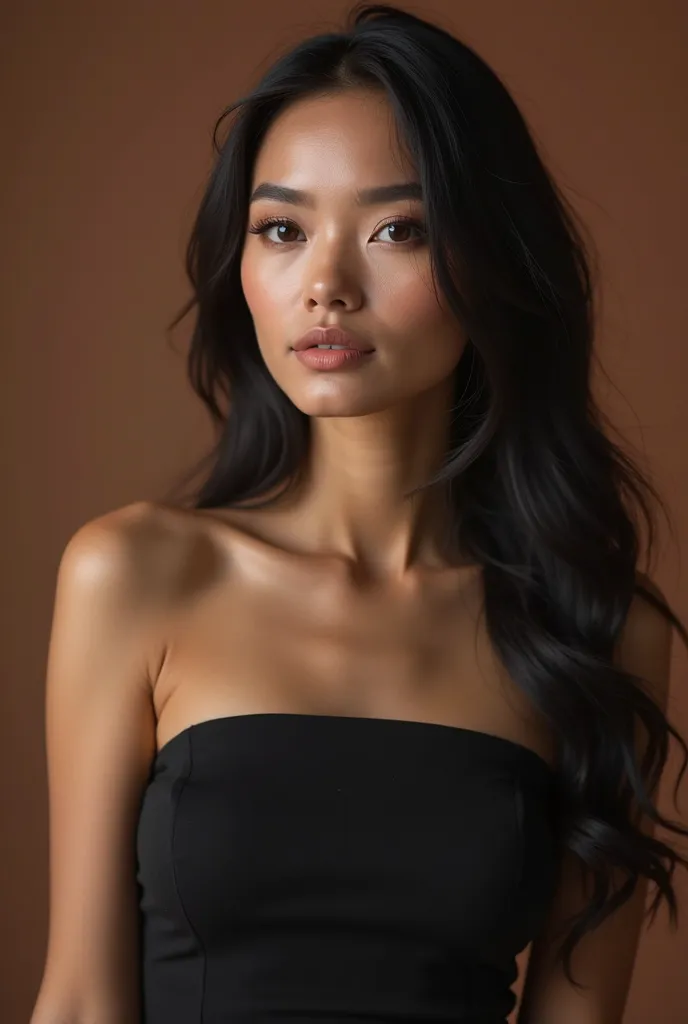 CREATE A REALISTIC PHOTO OF A BEAUTIFUL AND ELEGANT WOMAN , she is perfect, perfect hands , perfect nails, long black hair , ARE YOU WEARING A BLACK DRESS, SHE IS IN A CLEAN ENVIRONMENT,  ONE OF THE WALLS IS EARTHY BROWN, SHE'S DOING A PROFESSIONAL PHOTO S...