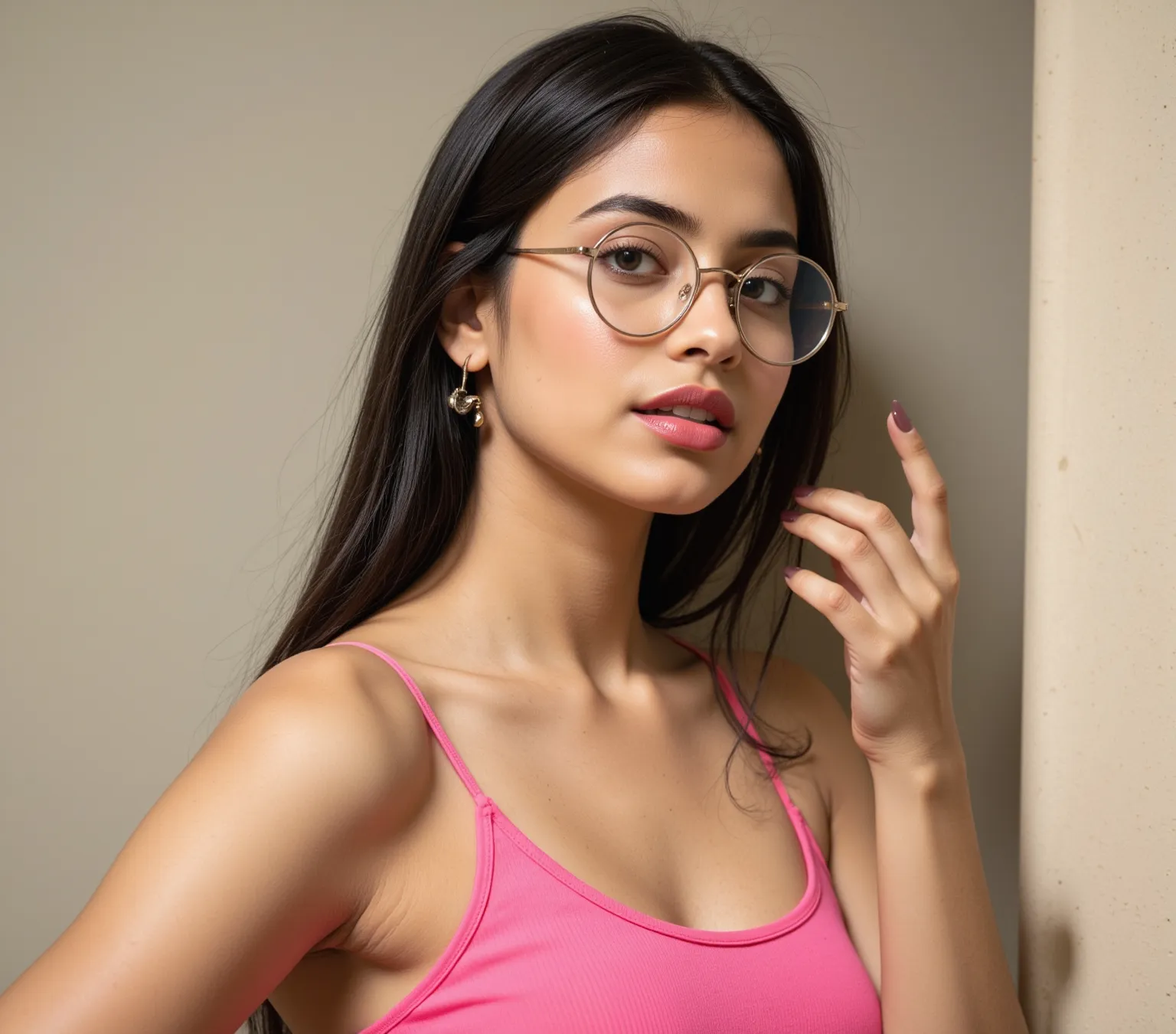 Create a super beautiful Indian woman with straight black hair with round glasses your top clothes are wearing a sexy pink tank top and at the bottom she's wearing a mini skirt that you can see her yellow panties