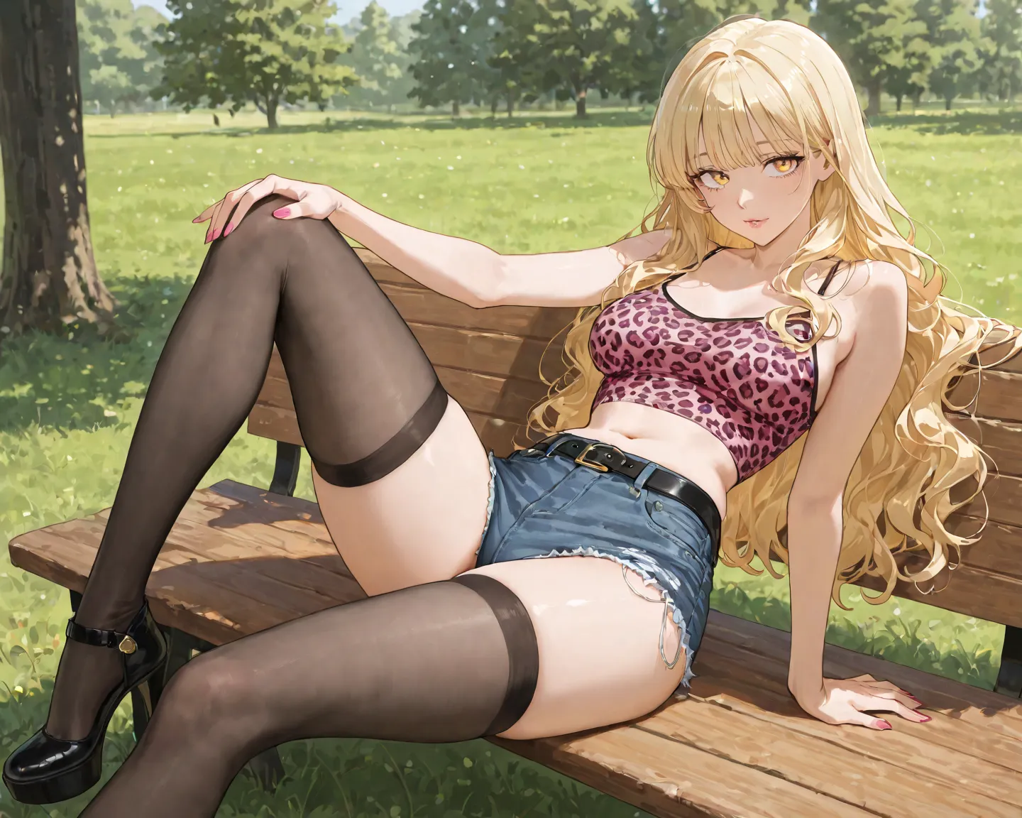 1 woman, mature female, mature face, mature body, medium breasts, super long waist length wavy blonde hair with bangs, yellow eyes, eyelashes, sharp looks, glossy lips, pink nails, upturned eyes, leopard crop top, denim micro shorts, black thigh-high stock...