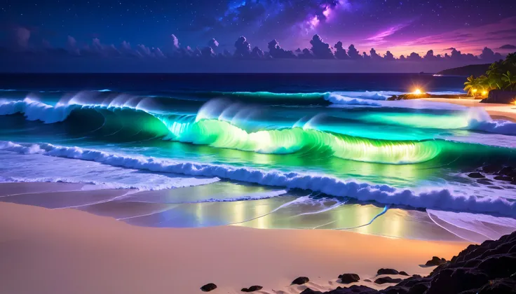 超high image quality,high image quality,high quality,Spectacular views at night,Tropical Beach, light green to bright green ,The ocean breeze is blowing,blue fluorescent beaches expand spectacular ocean views,(There are also dark purple and orange single-lu...