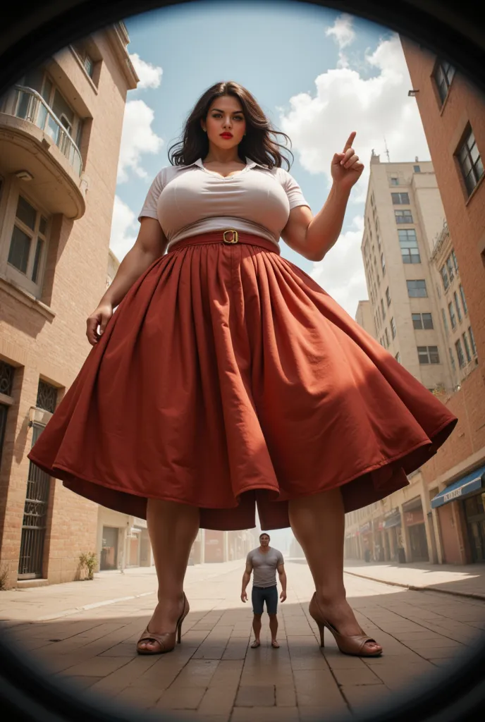 girl in a skirt squatting,pants,young woman, giant,macro, towering over you,  your POV, looming over small man, not wearing pants,Full Body,smirk,finger pointing to small man,fisheye lens,shrunk man