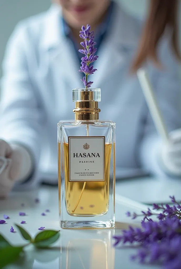 Make a image  of lab technicians in white lab coats adding Lavender, Bergamot, Basil, Musk, and White Cedar to the perfume around and above the uploaded image. Put the image "Hasana " perfume name and logo 