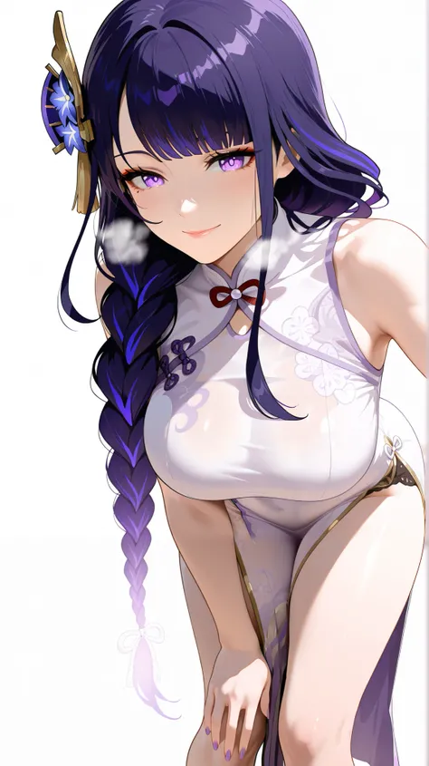 masterpiece, best quality, amazing quality, 1girl, Raiden Shogun, Genshin Impact, purple eyes, purple hair, long hair, white Chinese cheongsam, beautiful legs, white legs, smile, close up shot, simple background, medium size , golden ratio face, Sleeveles...
