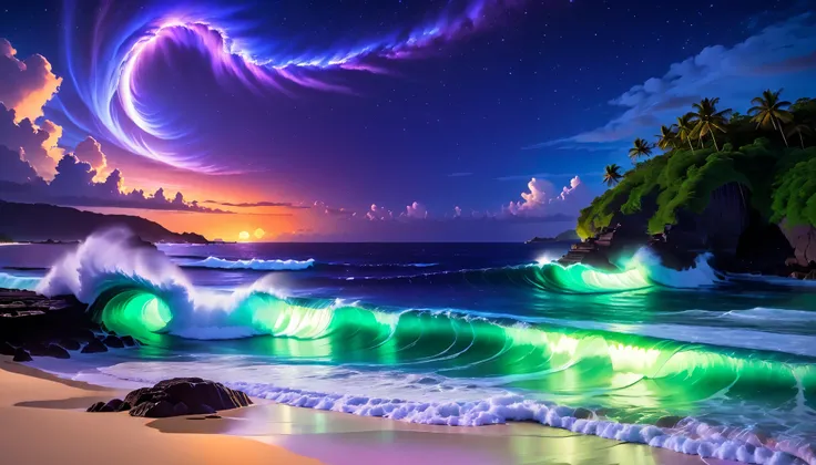 超high image quality,high image quality,high quality,Spectacular views at night,Tropical Beach, light green to bright green ,The ocean breeze is blowing,blue fluorescent beaches expand spectacular ocean views,(There are also dark purple and orange single-lu...