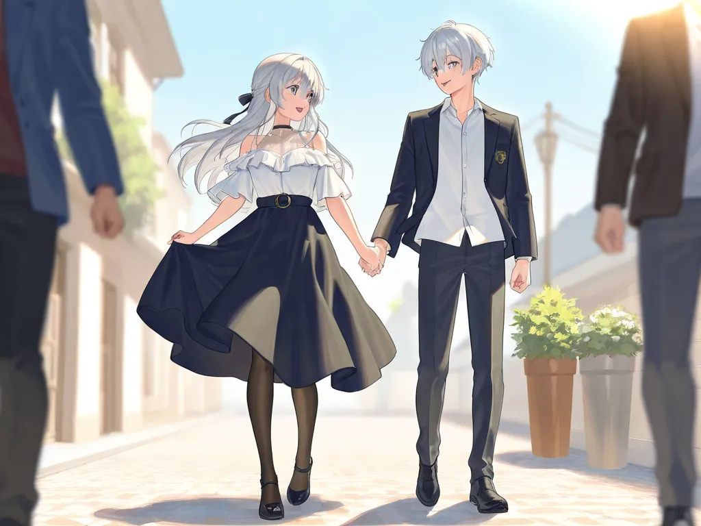 full body、There is one beautiful girl with long waves and silver hair、A boy is flirting with two people