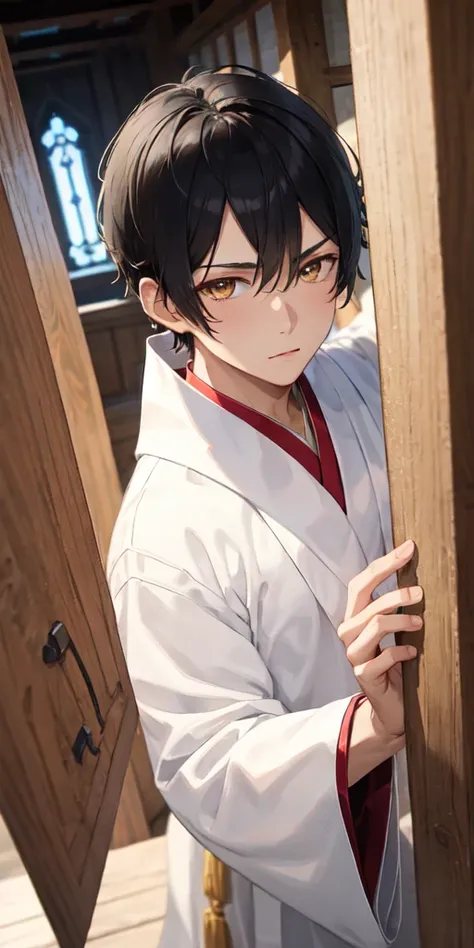 best quality, masterpiece, Short Black hair, young male, shrine white robes, gold eyes, close up, masculine, darker colors