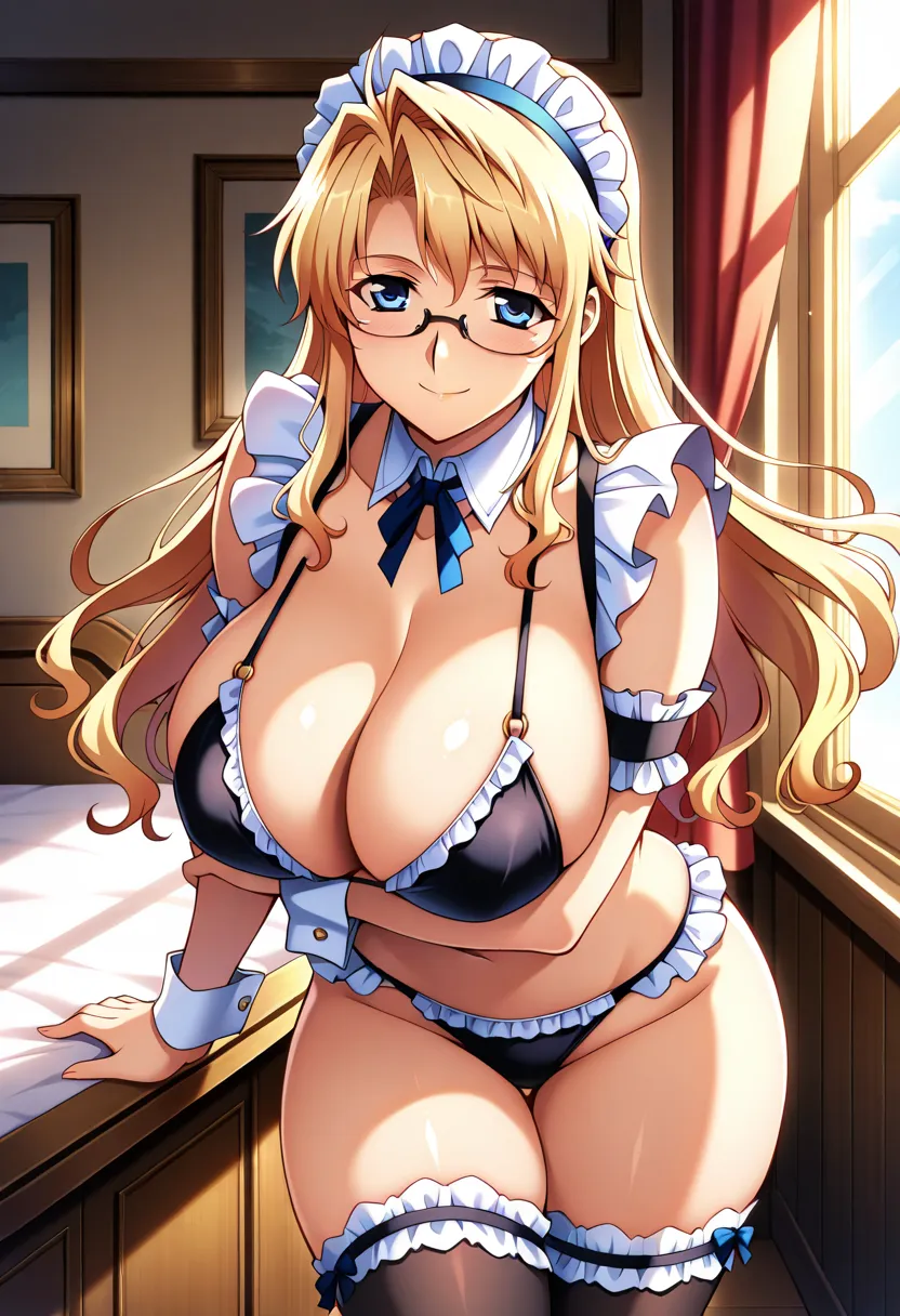 Best quality,masterpiece,soft light,official art,masterpiece,high quality,highres,absurdres,best quality,epic scene,natural textures,easynegative,huge_breasts, mature body, Erotic_style,anime_coloring,cowboy shot, indoors, day, 1girl,solo,smile, Satellizer...