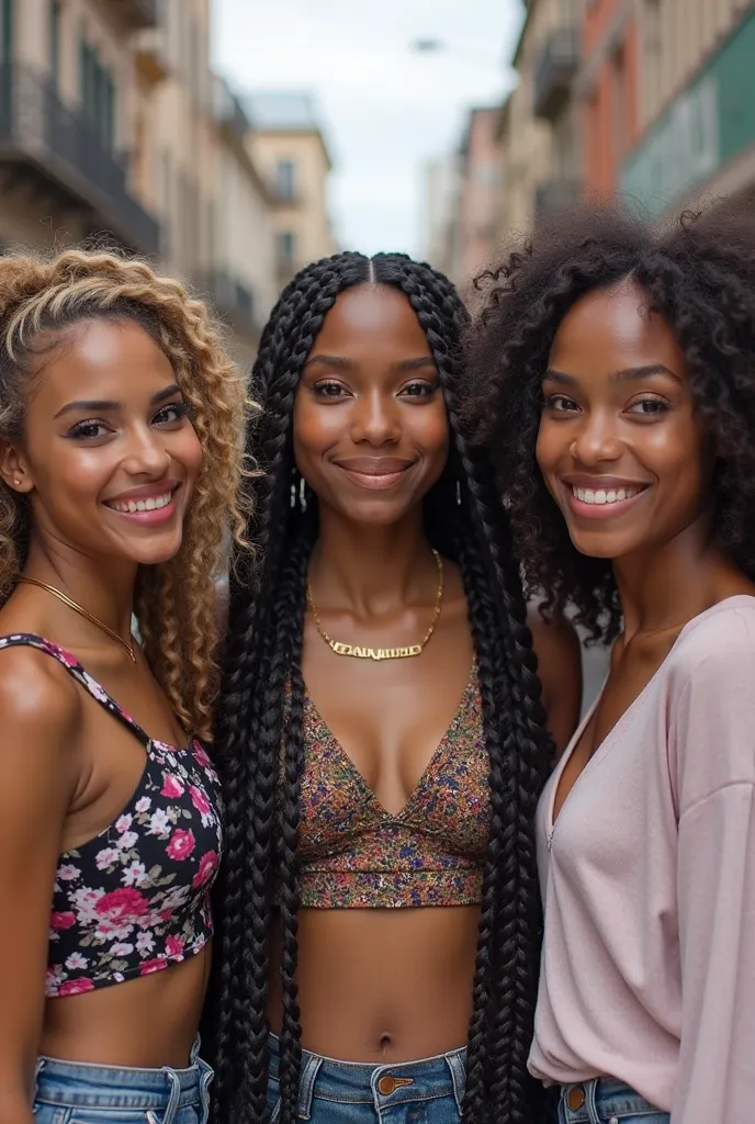 Group of 5girl   Asian gorgeous Jamaican braids hair black eyeliner pink eyeshadow with Big curvy Caucasian female blonde hair blue eyes native very gorgeous light brown eyes Indian very beautiful standing together background streets with 🌴 