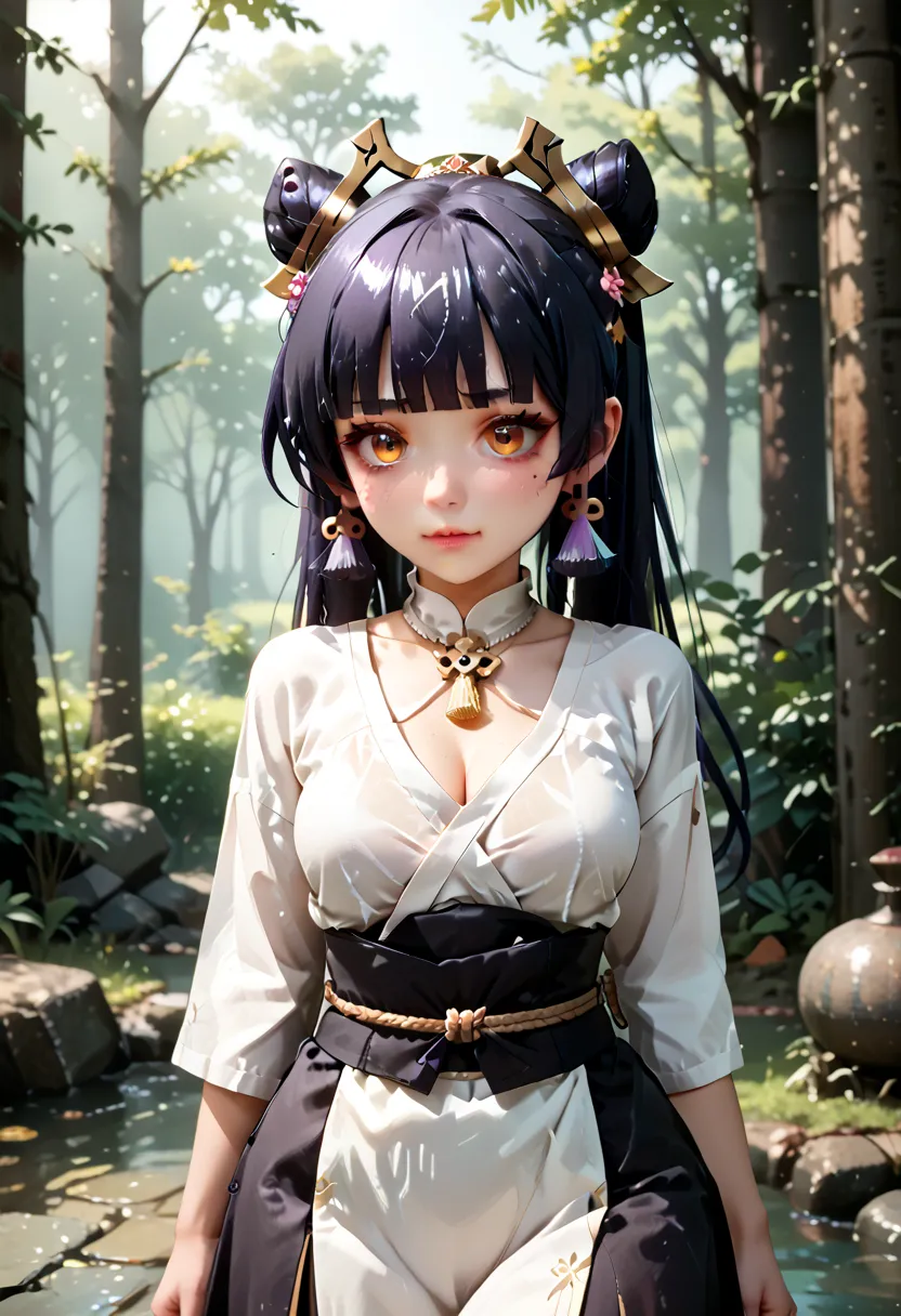 score_9, score_8_up, score_7_up, rating_explicit, source_anime, best quality, very aesthetic, anime girl in a purple and black outfit standing in front of a forest, keqing from genshin impact, zhongli from genshin impact, heise jinyao, ayaka genshin impact...