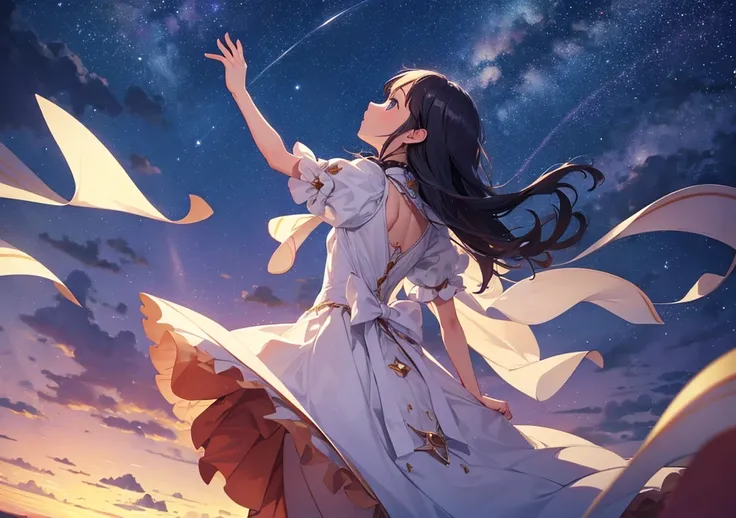 Looking up at the night sky in profile – a free-spirited princess reaching for the stars