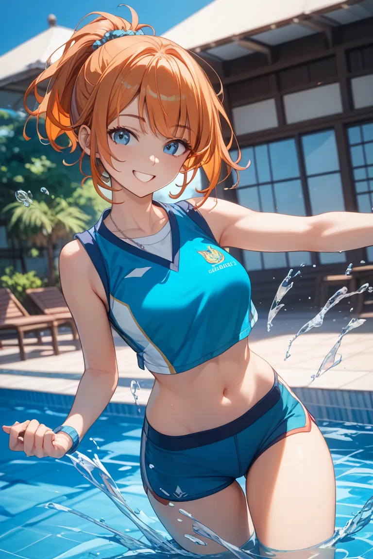  masterpiece、 bestquality 、 8,000、Tilting angle 、  1 female、 Orange hair 、  short ponytail   、 Poolside、 blue vest 、blue boxer briefs、 Smile、 Splash 、belly button、 thigh