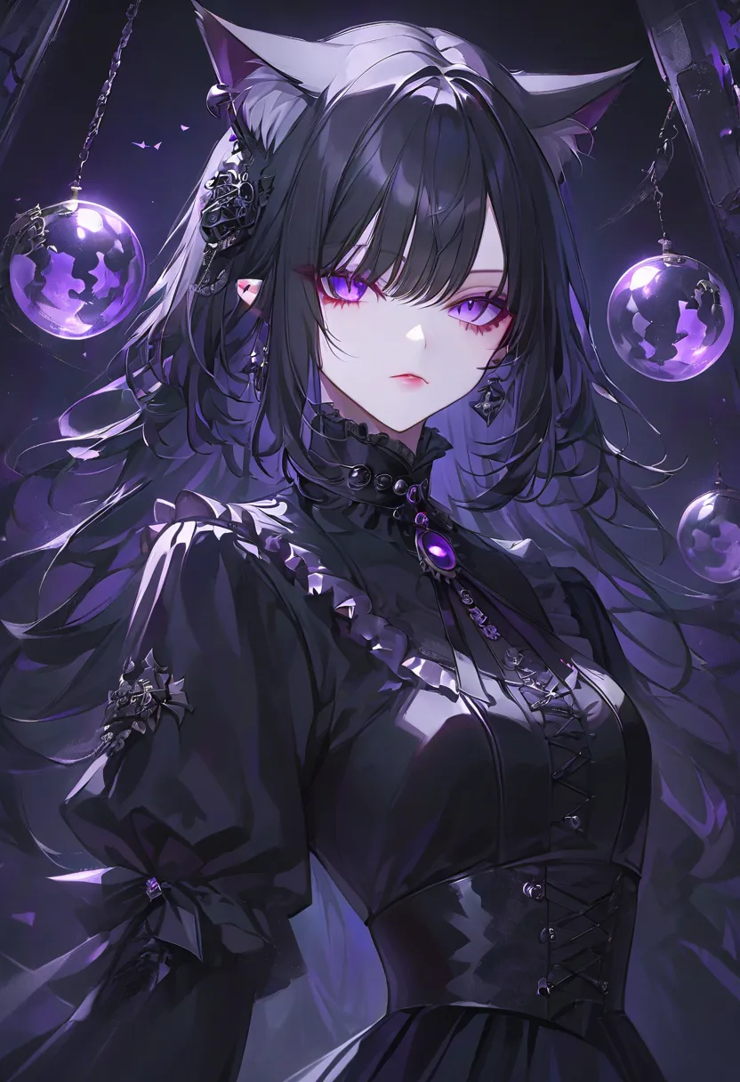 
 Woman with long dark hair 。Cat ears。bangs。dark vibe。gothic dress costume。night。Ball。