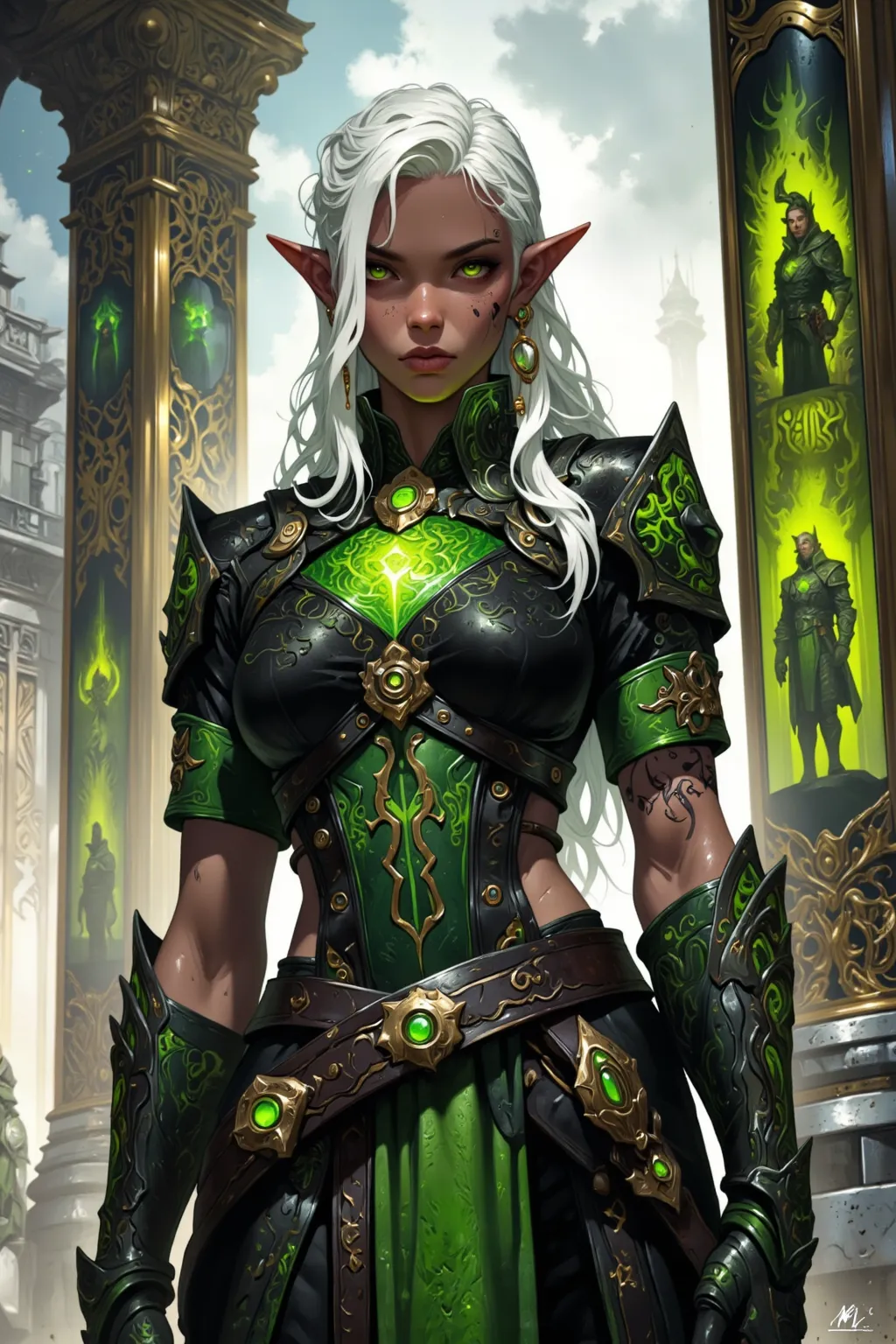 high quality,4K,Dark Elf,dark brown skin，A snow-white silver long hair,Deep green pupil,Beautiful and exquisite Five Officers and Elf Ears,Leather Black and Green Battle Set,Short sword at the waist,Tattoo,standing next to the Hunter Guild's Item Announcem...