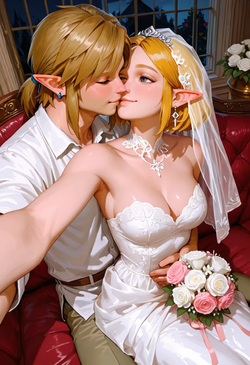 Link and Zelda ,  yellow hair, short hair, , sitting, on a couch, In a mansion at night,  wedding dress,  wedding veil, bunch of flowers, medium breasts, , , Selfie from above. Link hugs her from behind,  are 2 characters, man and woman. hug between 2. THE...