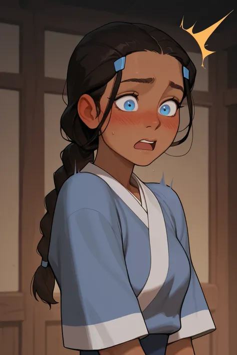 1girl, katara, long hair, blue eyes, brown hair, black hair, hair ornament, hairclip, braid, single braid, braided ponytail, dark skin, dark-skinned female, incoth, (incase:0.6), surprised, embarrassed, medium shot