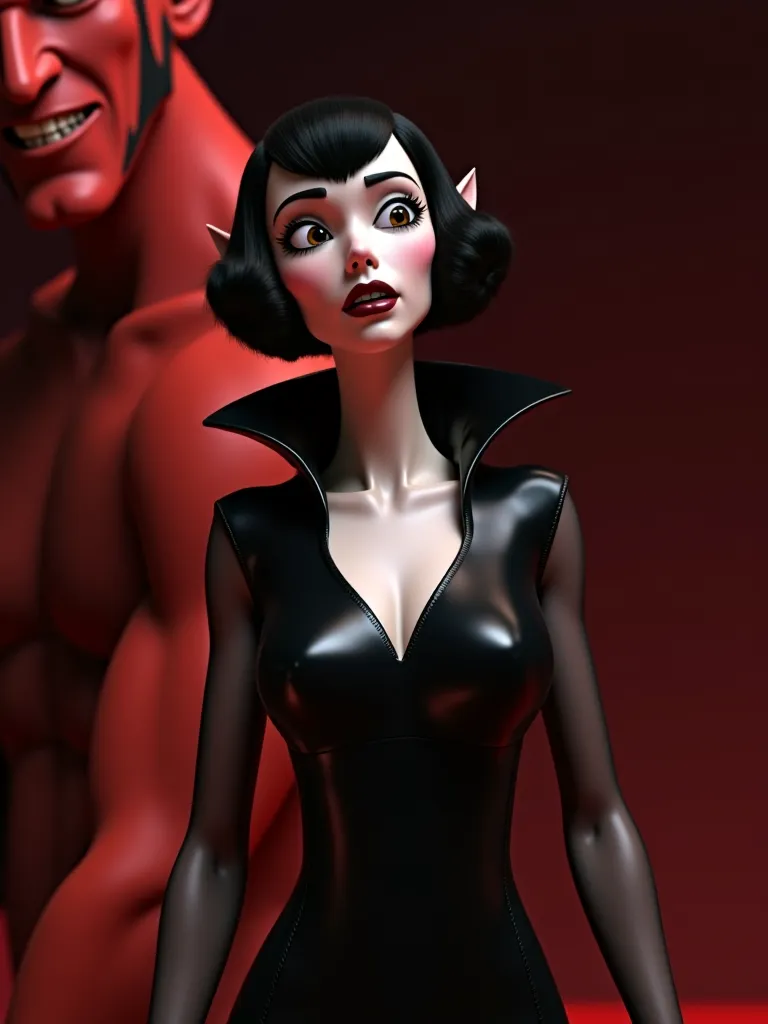 CGI Pixar Beautiful female with very short boy length dark Black hair stylized with finger waves from the  1930’s era , pale White skin, black eyeliner, black lipstick in a shiny black V shape slit dress sheer arm warmers attached with a large high standin...