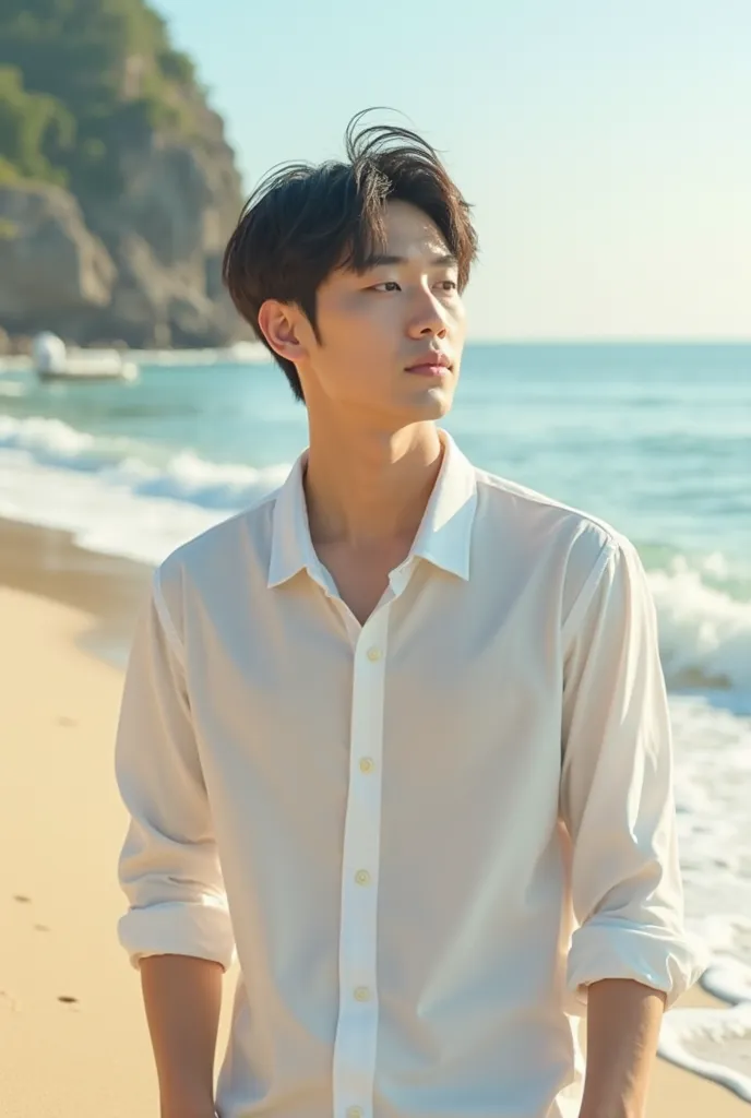 A Korean man in the afternoon was on the beach wearing a 3D white shirt