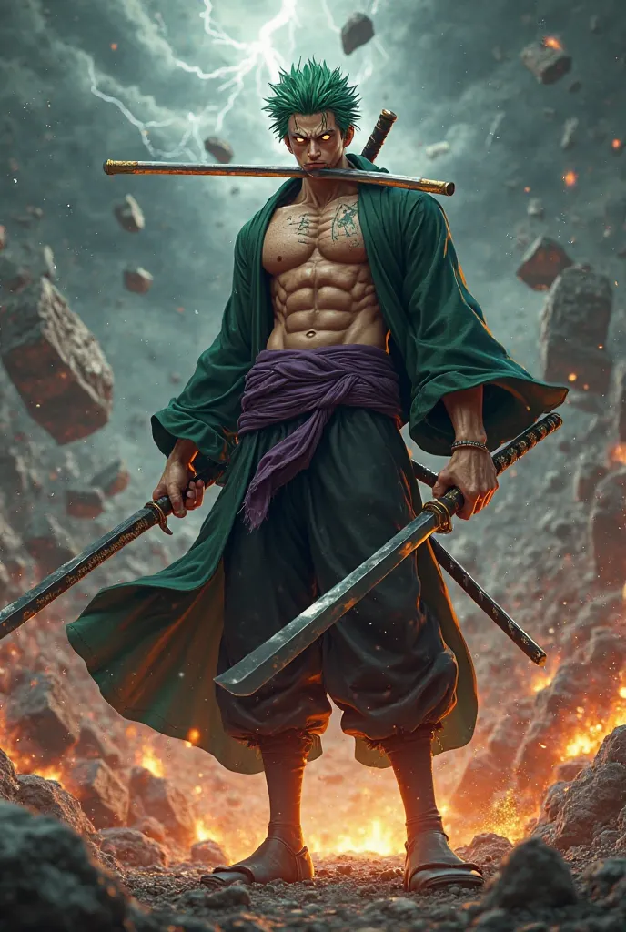 A hyper-realistic, ultra-detailed 3D render of a battle-ready samurai warrior inspired by Roronoa Zoro from One Piece. He stands in a powerful stance, gripping three katanas—one in each hand and one clenched in his mouth. His green hair is spiked and sligh...