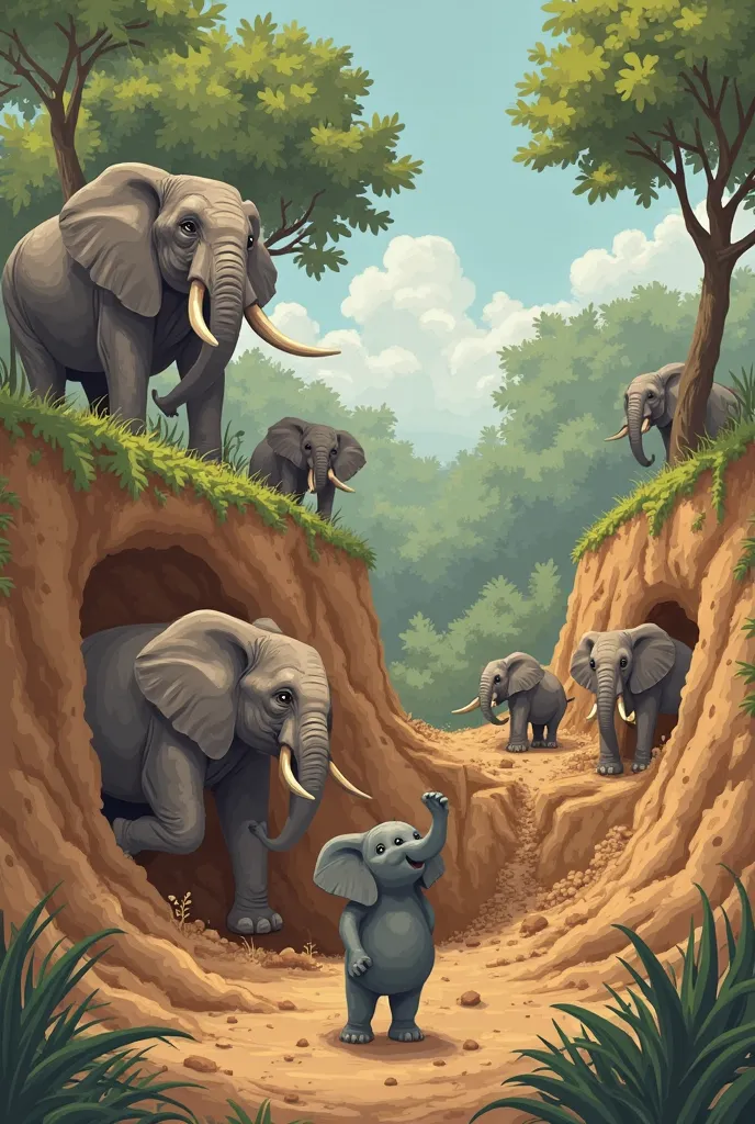 Then, one friend came up with a clever idea. He said, "Let's break some soil on one side of the pit to make a slope. That way, the baby elephant can climb up with less effort!" The others agreed and started digging.